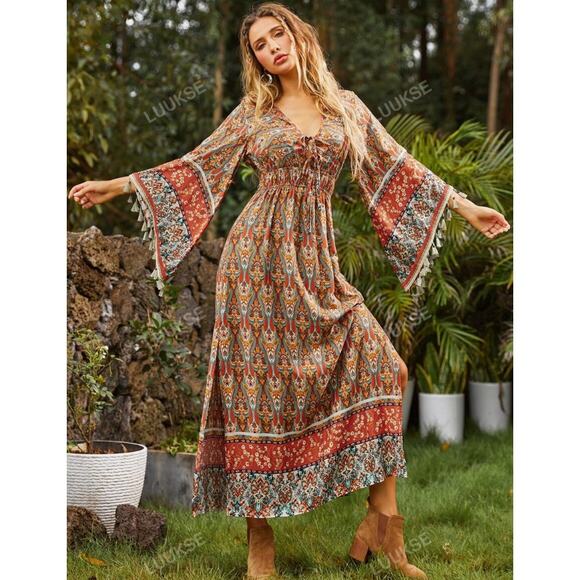 Luukse Allover Print Flounce Sleeve A-Line Kaftan Maxi Dress Boho Hippie Sz S - Picture 1 of 9